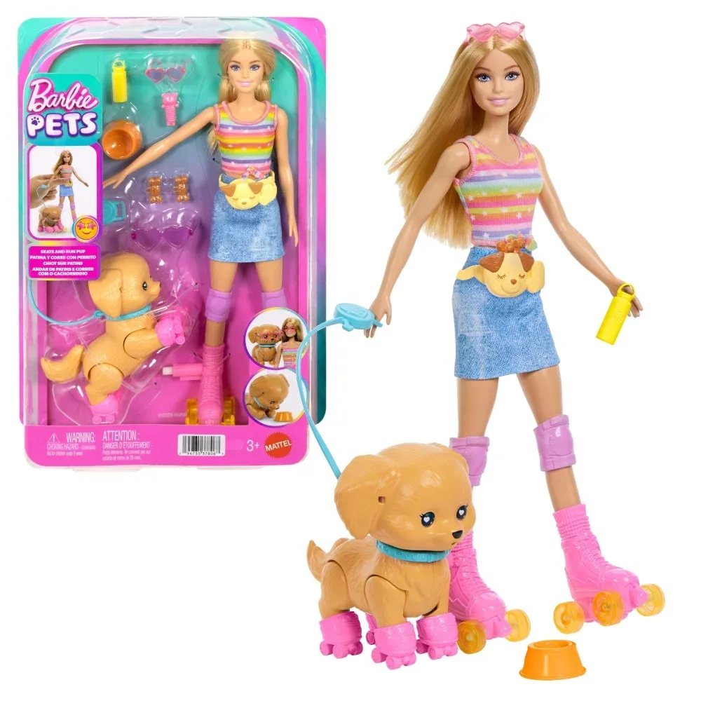 Mattel Кукла Barbie на роликах с собачкой на поводке JMJ44