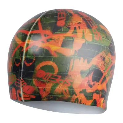 Шапочка для плавания Speedo Digital Printed Cap оливково-зелёная с оранжевым