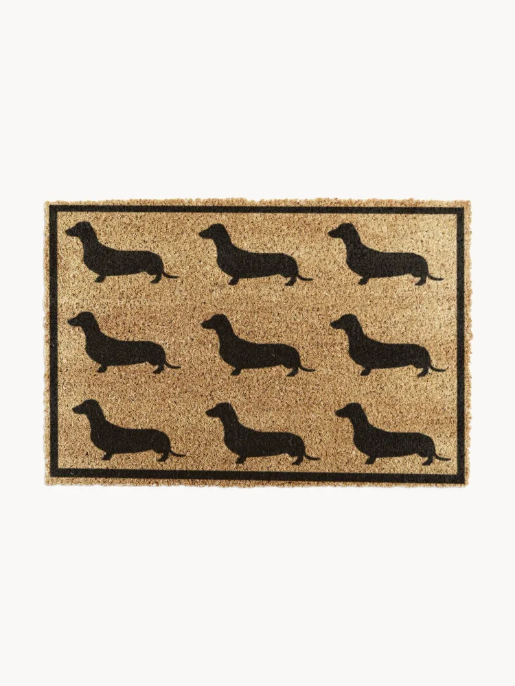 Коврик придверный Dachshund из кокосового волокна с мотивом таксы, 40х60 см, бежевый с чёрным