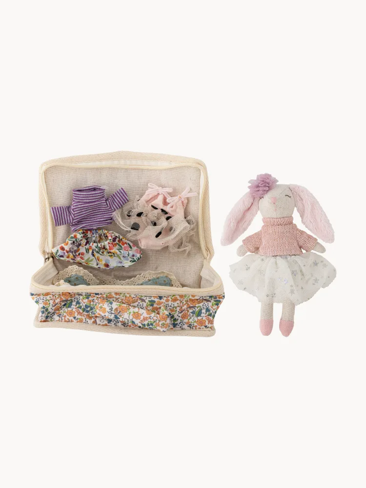 Мягкая игрушка Bloomingville Mini Milly, зайчик с сумочкой и одеждой, 6 предметов, 14 см, белый с розовым