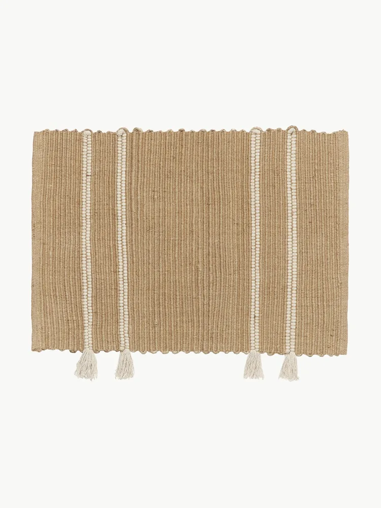 Broste Copenhagen Коврик придверный Ezra из джута с хлопком, с полосами и бахромой, 50х70 см, бежевый с молочно-белым