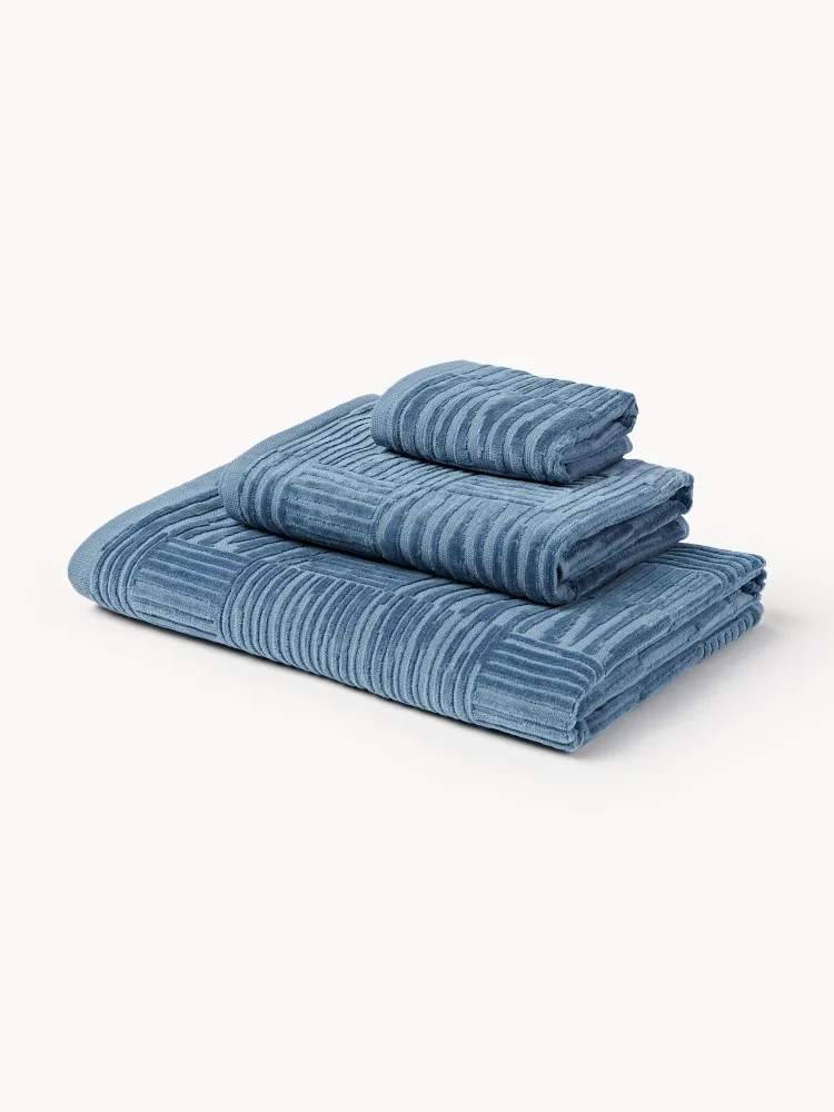 Westwing Collection Комплект велюровых полотенец Petra с геометрическим узором, 3 предм. (гостевое полотенце, полотенце для рук, банное полотенце), Синий
