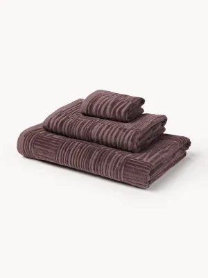 Westwing Collection Комплект велюровых полотенец Petra с геометрическим узором, 3 предм. (гостевое полотенце, полотенце для рук, банное полотенце), Тёмный фиолетовый