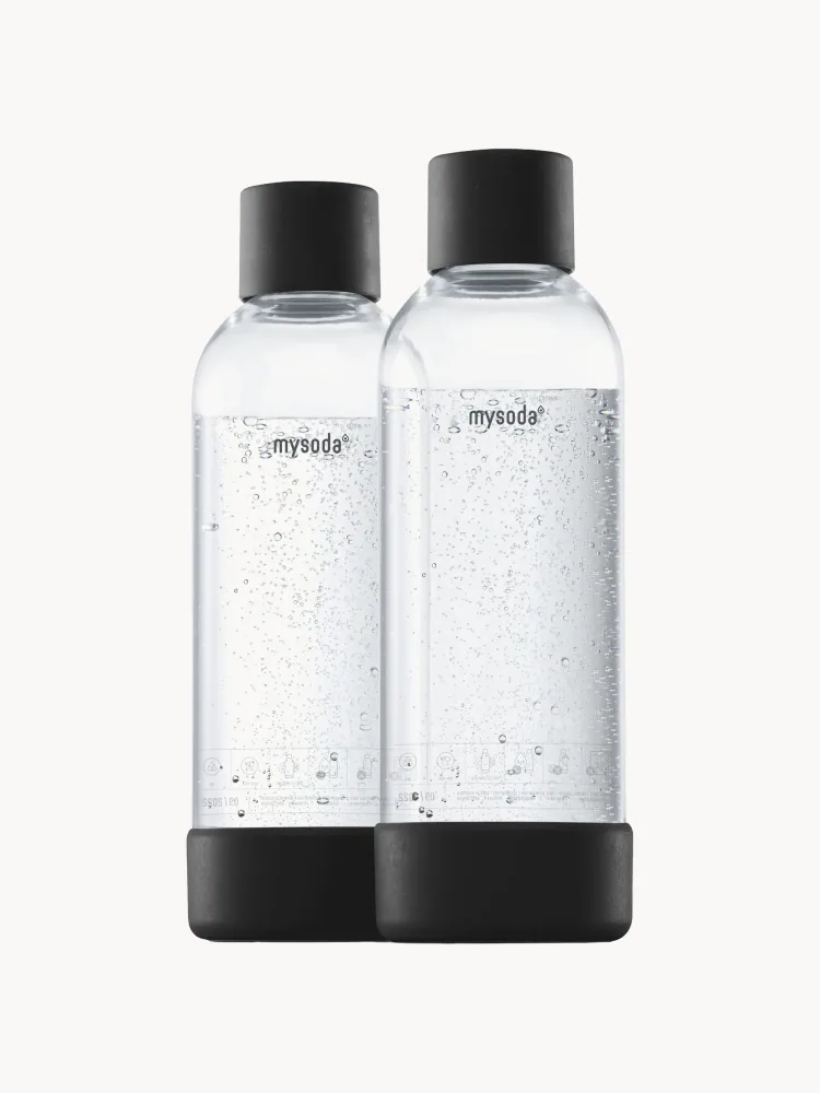 Mysoda Набор бутылок для воды Basic для сифона из пластика без BPA, 1 л, 2 шт., прозрачные с чёрным