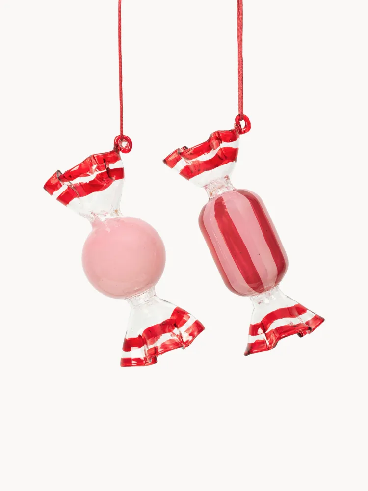 Broste Copenhagen Набор ёлочных украшений Candy в форме конфет из стекла, 2 шт, молочно-белый, красный и светло-розовый