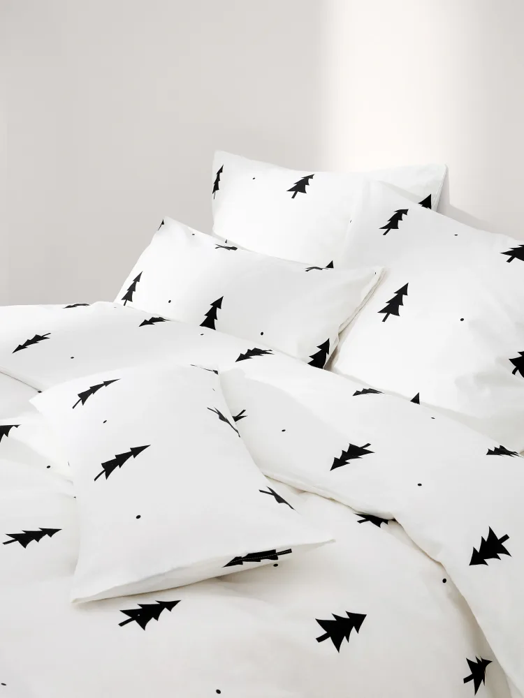 Westwing Collection Пододеяльник X-mas Tree фланелевый с ёлочками, белый с чёрным