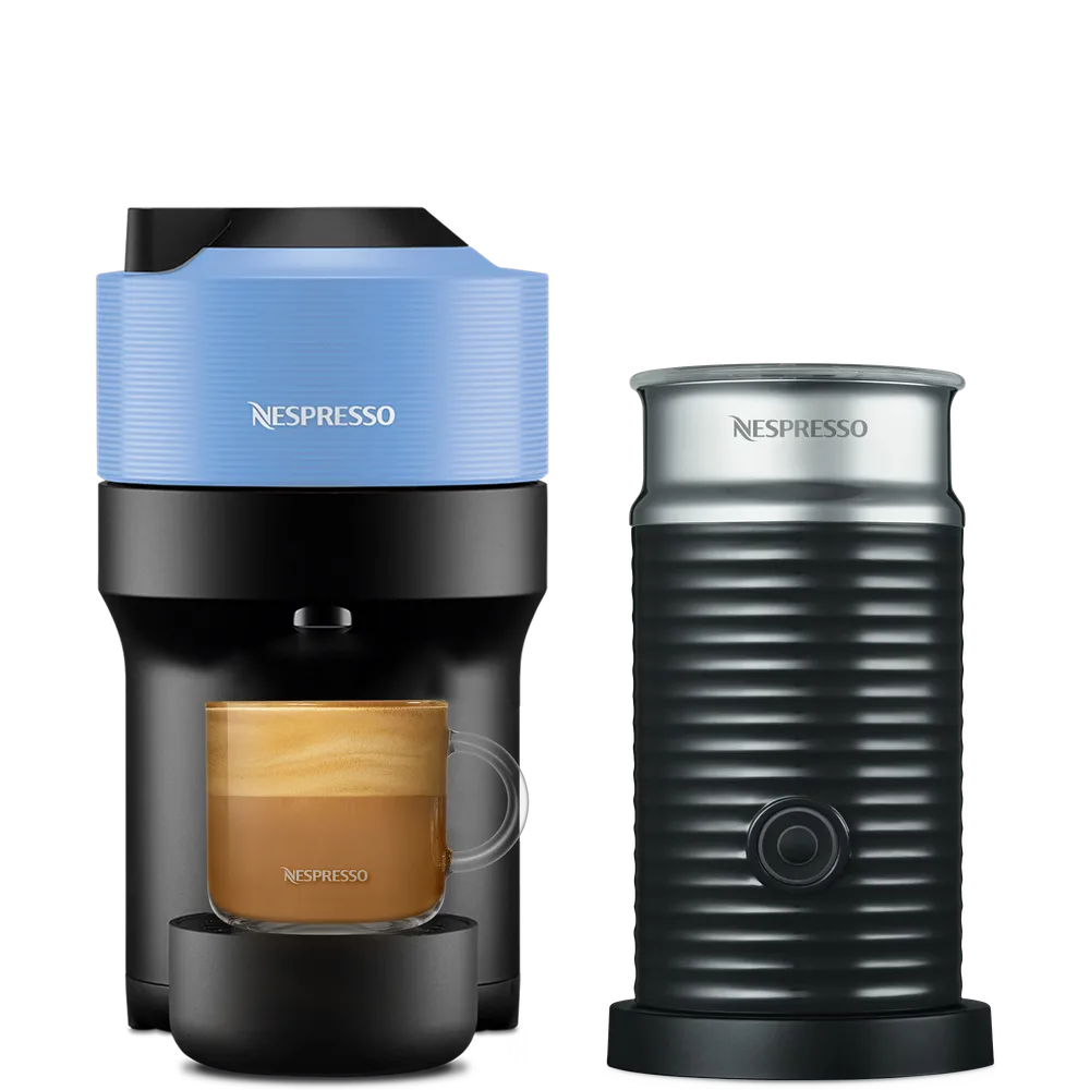 Кофемашина Nespresso Vertuo Pop синяя и Aeroccino 3