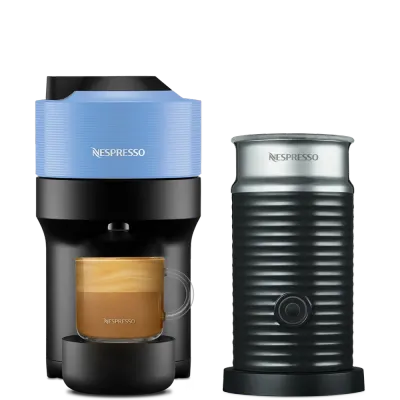Кофемашина Nespresso Vertuo Pop синяя и Aeroccino 3