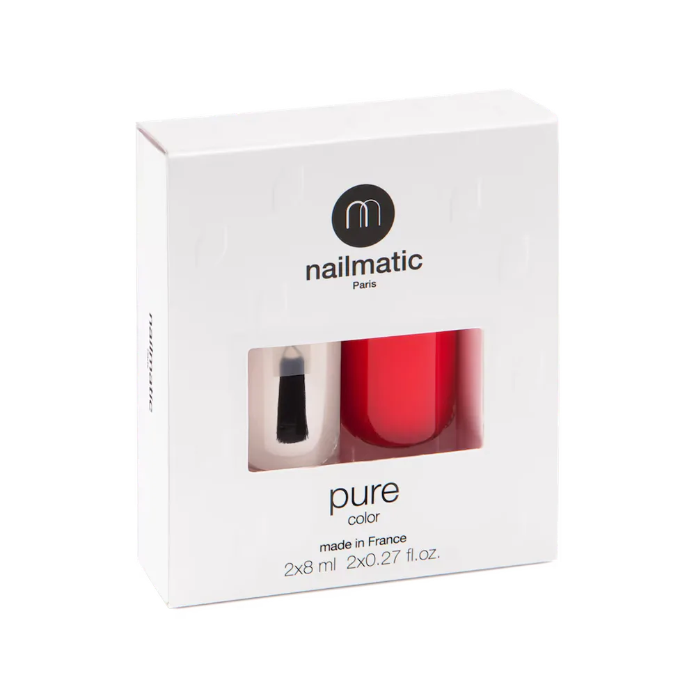 Nailmatic Pure Color набор лак для ногтей Hedi коралловый и база-топ 2 в 1 на растительной основе, 16 мл