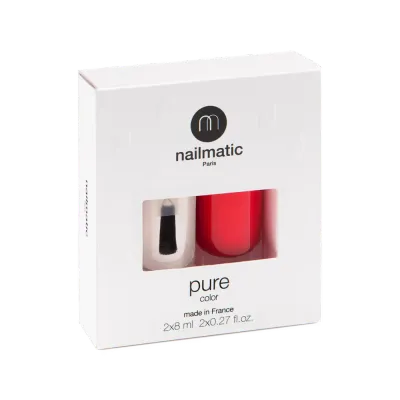 Nailmatic Pure Color набор лак для ногтей Hedi коралловый и база-топ 2 в 1 на растительной основе, 16 мл