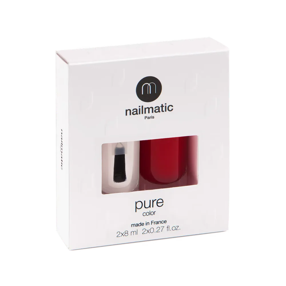 Nailmatic Pure Color набор лак для ногтей Kate бордовый и база-топ 2 в 1 на растительной основе, 16 мл