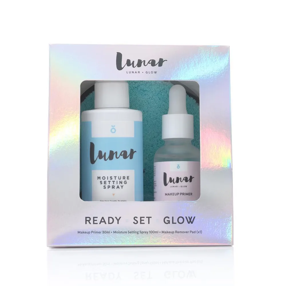 Lunar Glow Ready Set Glow Kit набор: база под макияж 30 мл, фиксирующий спрей 100 мл, пэд для снятия макияжа