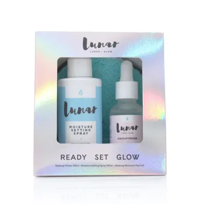Lunar Glow Ready Set Glow Kit набор: база под макияж 30 мл, фиксирующий спрей 100 мл, пэд для снятия макияжа