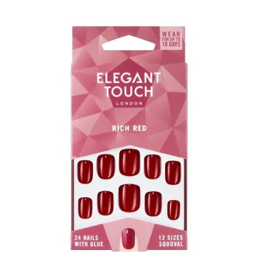 Elegant Touch Rich Red накладные ногти с клеем темно-красные, форма squoval, 24 шт
