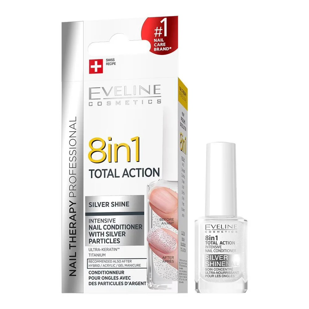 Eveline Cosmetics Nail Therapy Professional концентрированный кондиционер для ногтей с серебристыми частицами 8 в 1, 12 мл