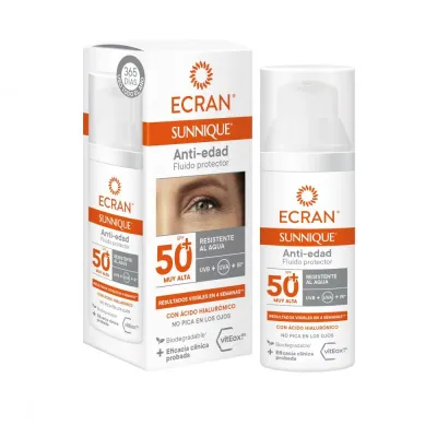Ecran Sunnique солнцезащитный крем-флюид для лица против морщин SPF 50+ 50 мл, дорожный формат