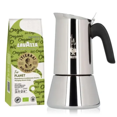 Набор: гейзерная кофеварка Bialetti New Venus на 6 чашек + молотый кофе Lavazza Tierra for Planet, 180 г