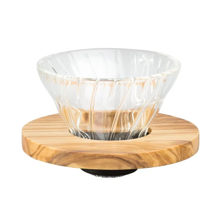 Стеклянная воронка Hario V60-01 с подставкой из оливкового дерева