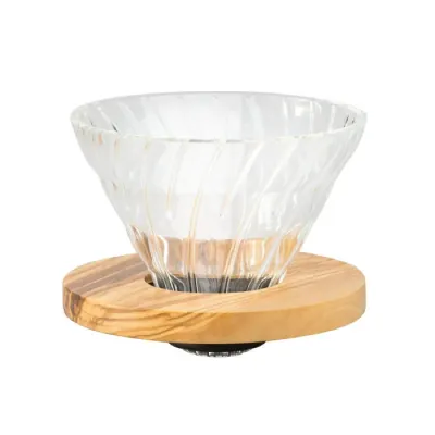Стеклянная воронка Hario V60-02 с подставкой из оливкового дерева