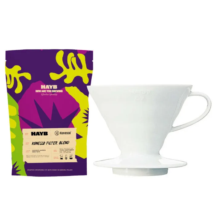 Набор: керамический дриппер Hario V60-02 + кофе в зернах HAYB Konesso Filter Blend 250г