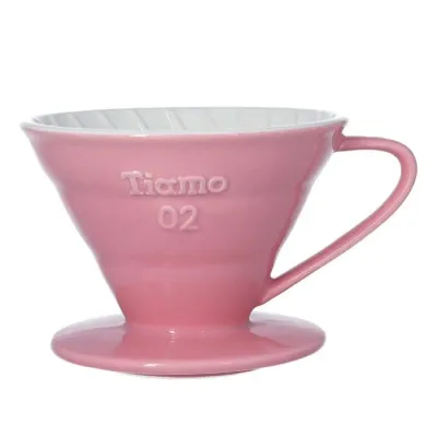 Керамическая воронка для кофе Tiamo V02 с ручкой розовая