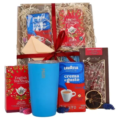 Подарочный набор для учителя с голубой кружкой, кофе, чаем и шоколадом
