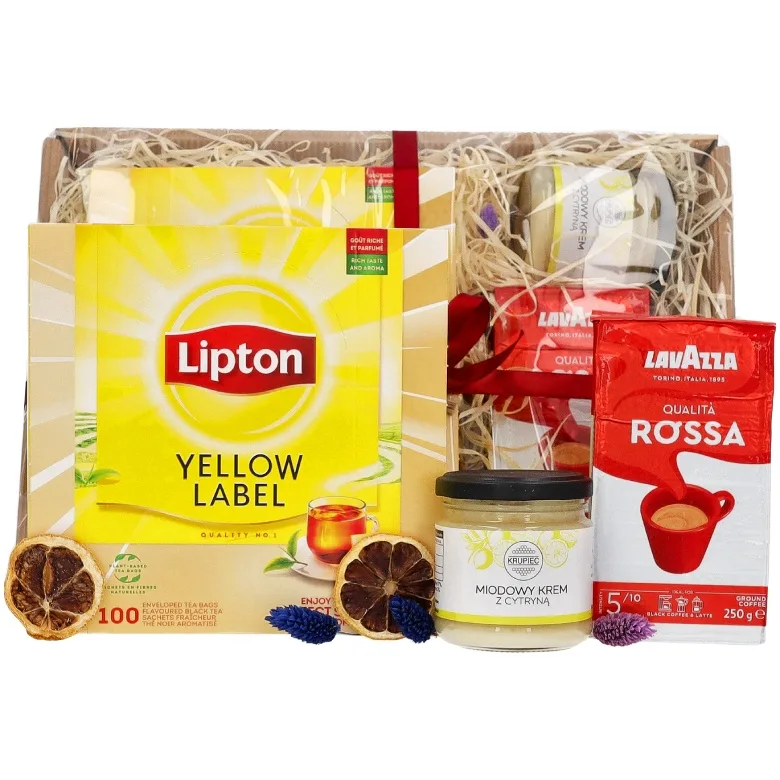 Подарочный набор: чай Lipton Yellow Label, молотый кофе Lavazza и мед с лимоном