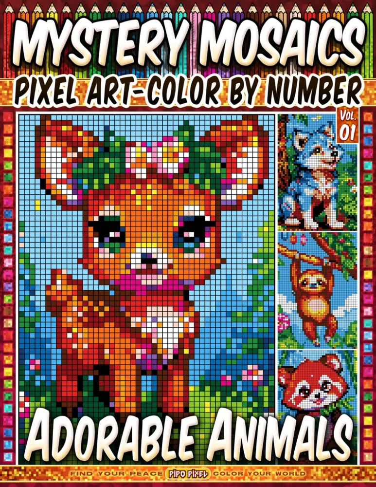 Раскраска по номерам Pipo Pixel — Милые животные, загадочная мозаика, пиксель-арт, Vol. 01, 212 стр.