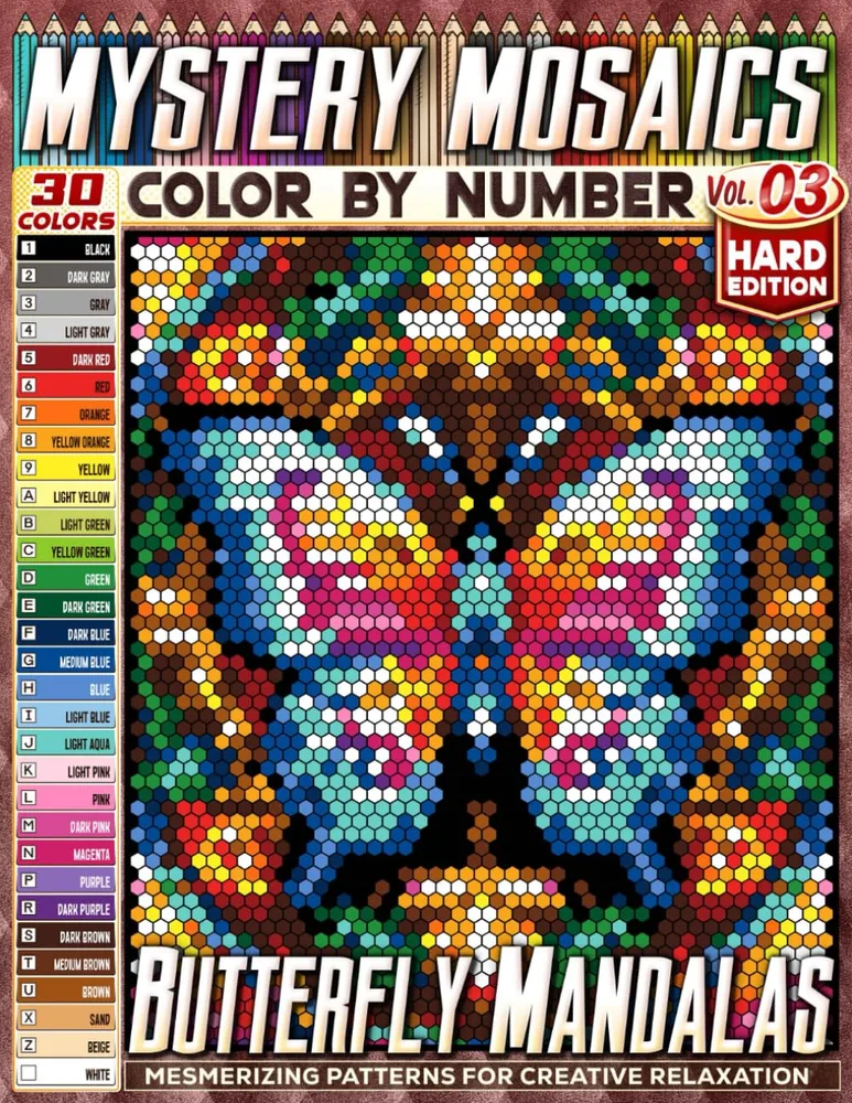 Раскраска по номерам Pipo Pixel — Мандалы с бабочками, сложный уровень, Vol. 03, 110 стр.
