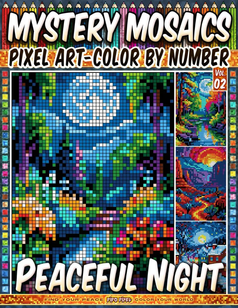 Раскраска по номерам Pipo Pixel — Тихая ночь, загадочная мозаика, пиксель-арт, Vol. 02, 212 стр.