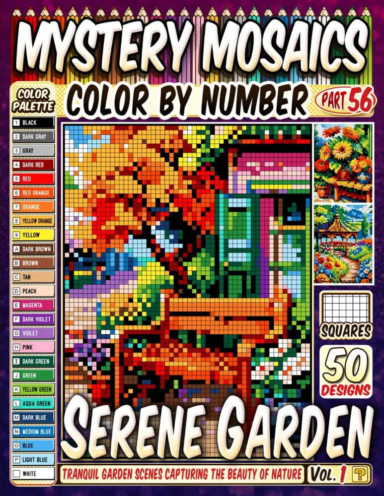 Раскраска по номерам Pipo Pixel — Тихий сад, загадочная мозаика, пиксель-арт, 120 стр.