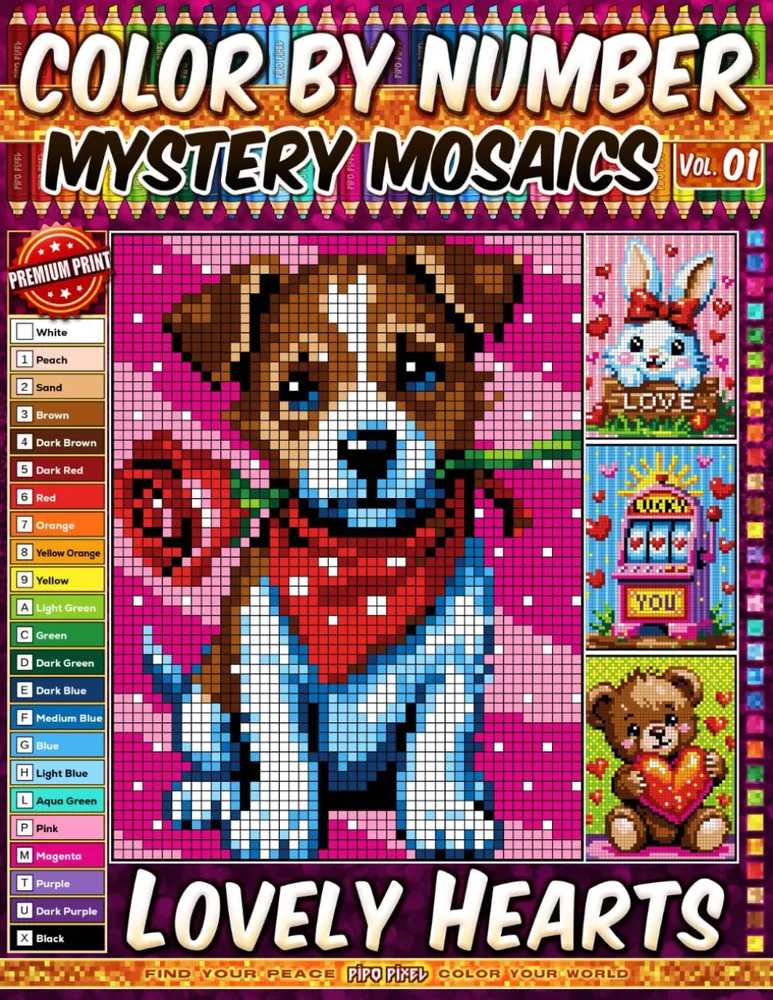 Раскраска по номерам Pipo Pixel — Милые сердечки, валентинки, загадочная мозаика, Vol. 01, 42 стр.