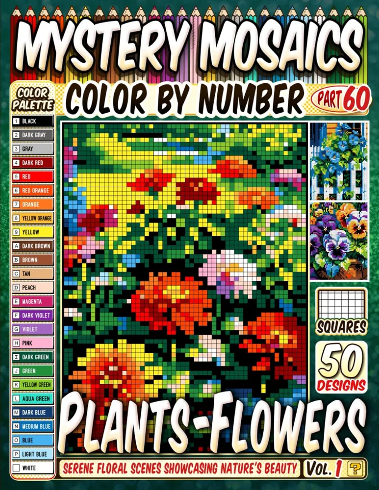 Раскраска по номерам Pipo Pixel — Цветы, загадочная мозаика, пиксель-арт, 120 стр.