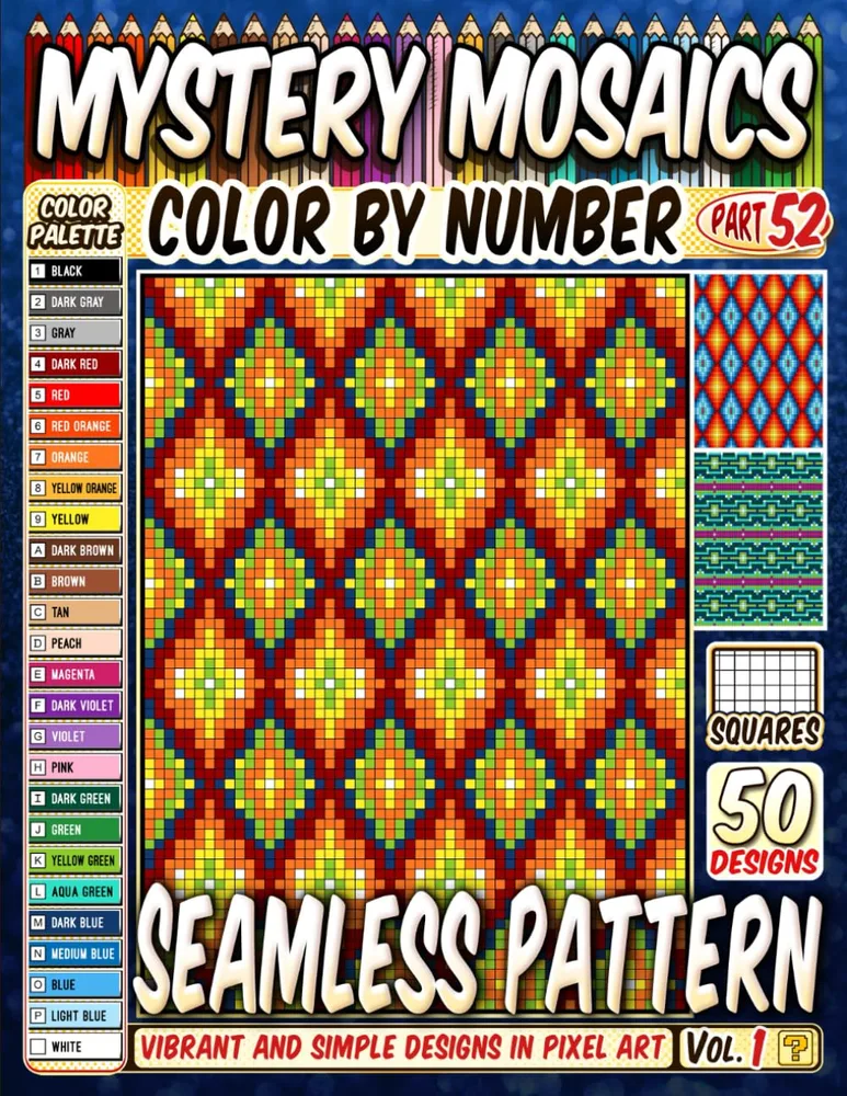Раскраска по номерам Pipo Pixel — Бесшовные узоры, загадочная мозаика, пиксель-арт, 120 стр.