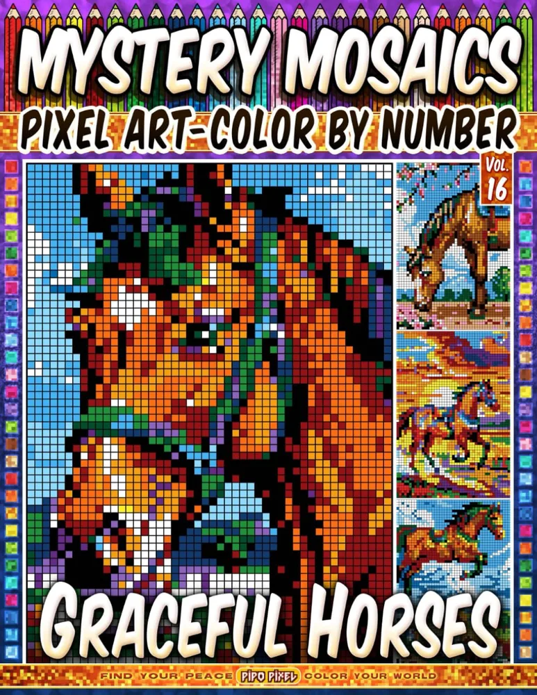 Раскраска по номерам Pipo Pixel — Грациозные лошади, загадочная мозаика, пиксель-арт, Vol. 16, 212 стр.