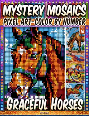 Раскраска по номерам Pipo Pixel — Грациозные лошади, загадочная мозаика, пиксель-арт, Vol. 16, 212 стр.