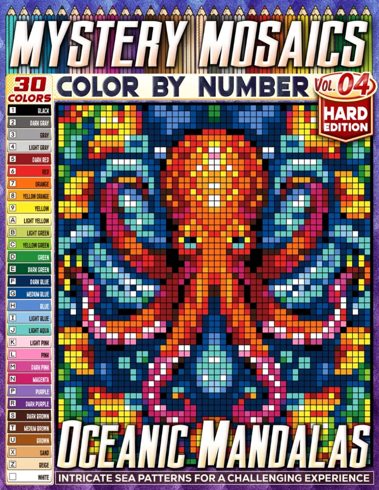 Раскраска по номерам Pipo Pixel — Океанские мандалы, сложный уровень, Vol. 04, 110 стр.
