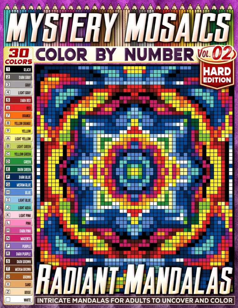 Раскраска по номерам Pipo Pixel — Сияющие мандалы, сложный уровень, 30 цветов, Vol. 02, 110 стр.