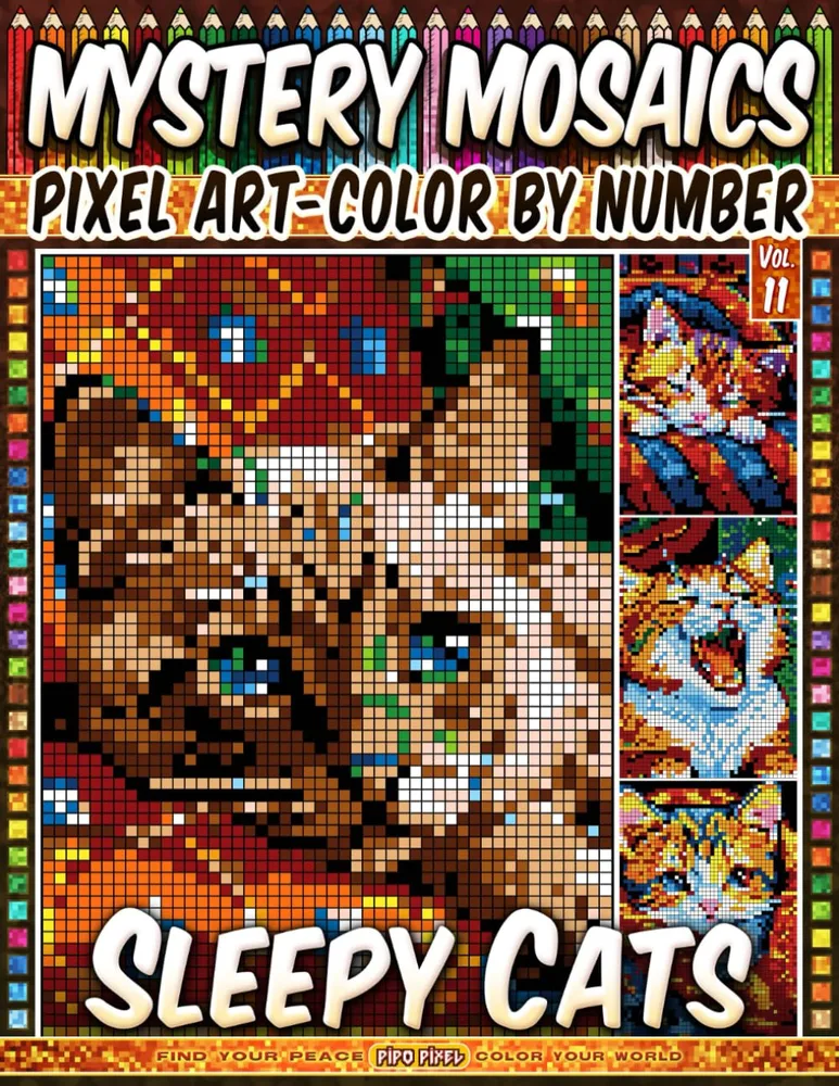 Раскраска по номерам Pipo Pixel — Сонные котики, загадочная мозаика, пиксель-арт, Vol. 11, 212 стр.