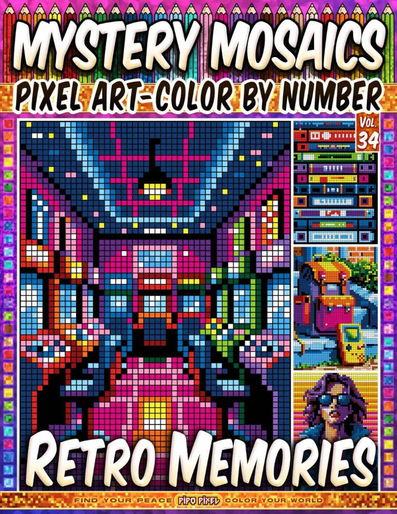 Раскраска по номерам Pipo Pixel — Ретро-воспоминания, загадочная мозаика, пиксель-арт, Vol. 34, 112 стр.