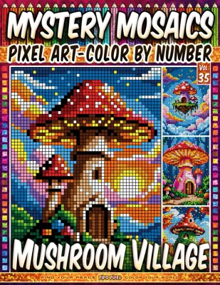 Раскраска по номерам Pipo Pixel — Грибная деревня, загадочная мозаика, пиксель-арт, Vol. 35, 112 стр.