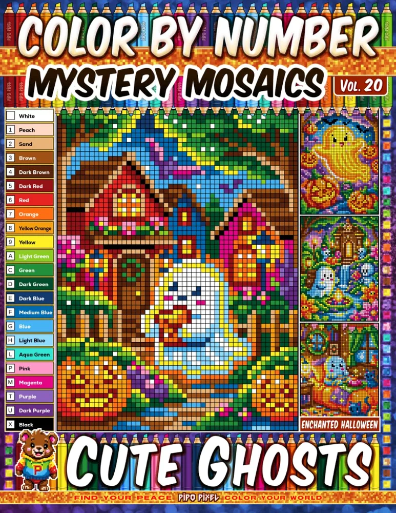 Раскраска по номерам Pipo Pixel — Милые привидения, загадочная мозаика, пиксель-арт, Vol. 20, 42 стр.