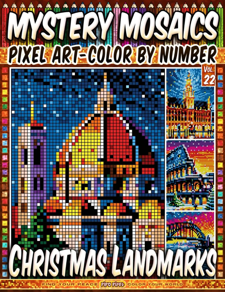Раскраска по номерам Pipo Pixel — Рождественские достопримечательности мира, загадочная мозаика, Vol. 22, 112 стр.