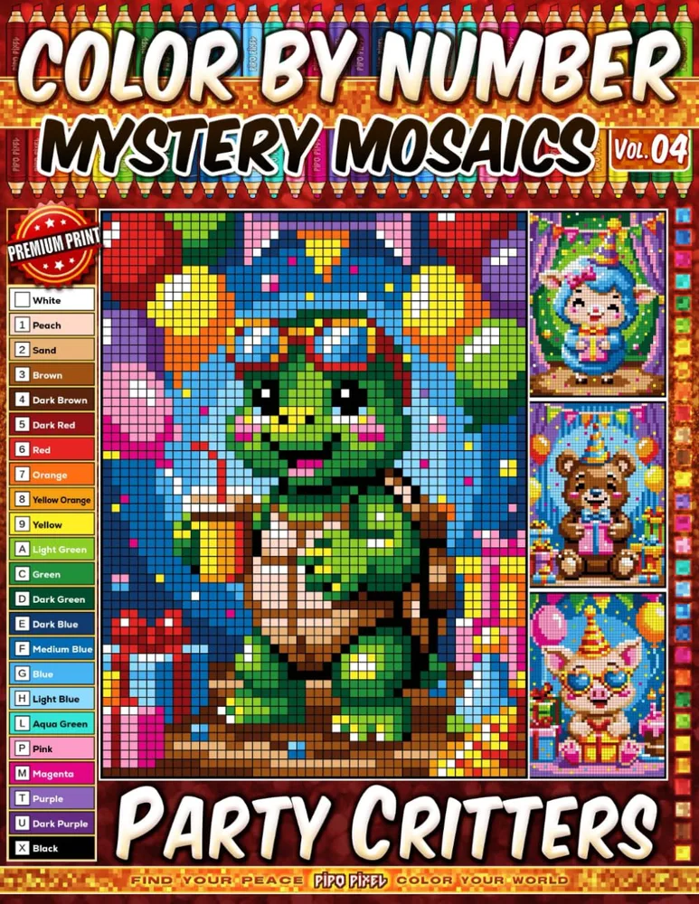 Раскраска по номерам Pipo Pixel — Зверушки на вечеринке, чиби, загадочная мозаика, Vol. 04, 42 стр.