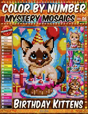 Раскраска по номерам Pipo Pixel — Котята на дне рождения, загадочная мозаика, пиксель-арт, Vol. 06, 42 стр.