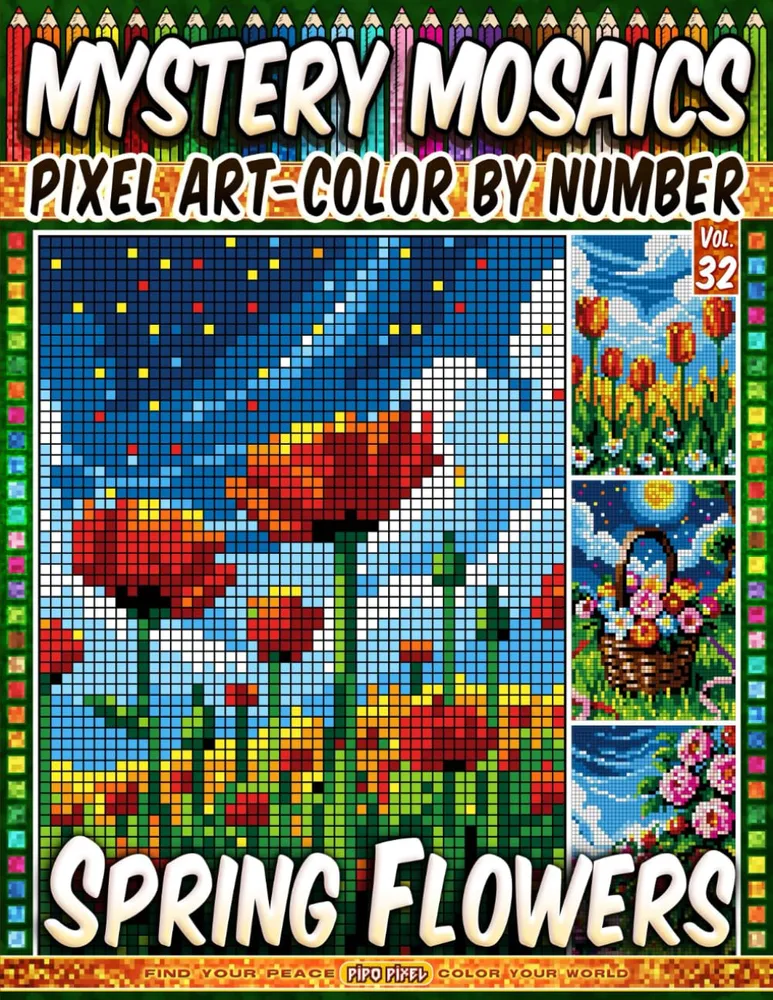 Раскраска по номерам Pipo Pixel — Весенние цветы, загадочная мозаика, пиксель-арт, Vol. 32, 112 стр.