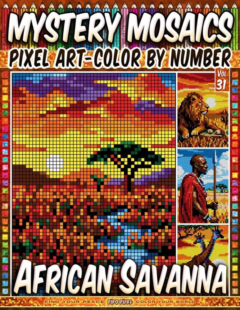 Раскраска по номерам Pipo Pixel — Африканская саванна, загадочная мозаика, пиксель-арт, Vol. 31, 112 стр.