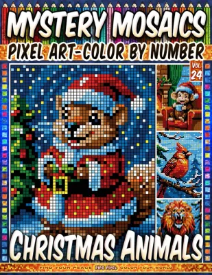 Раскраска по номерам Pipo Pixel — Рождественские животные, загадочная мозаика, пиксель-арт, Vol. 24, 112 стр.