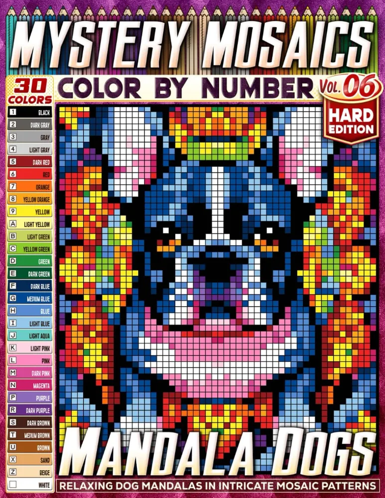 Раскраска по номерам Pipo Pixel — Мандалы с собаками, сложный уровень, Vol. 06, 110 стр.