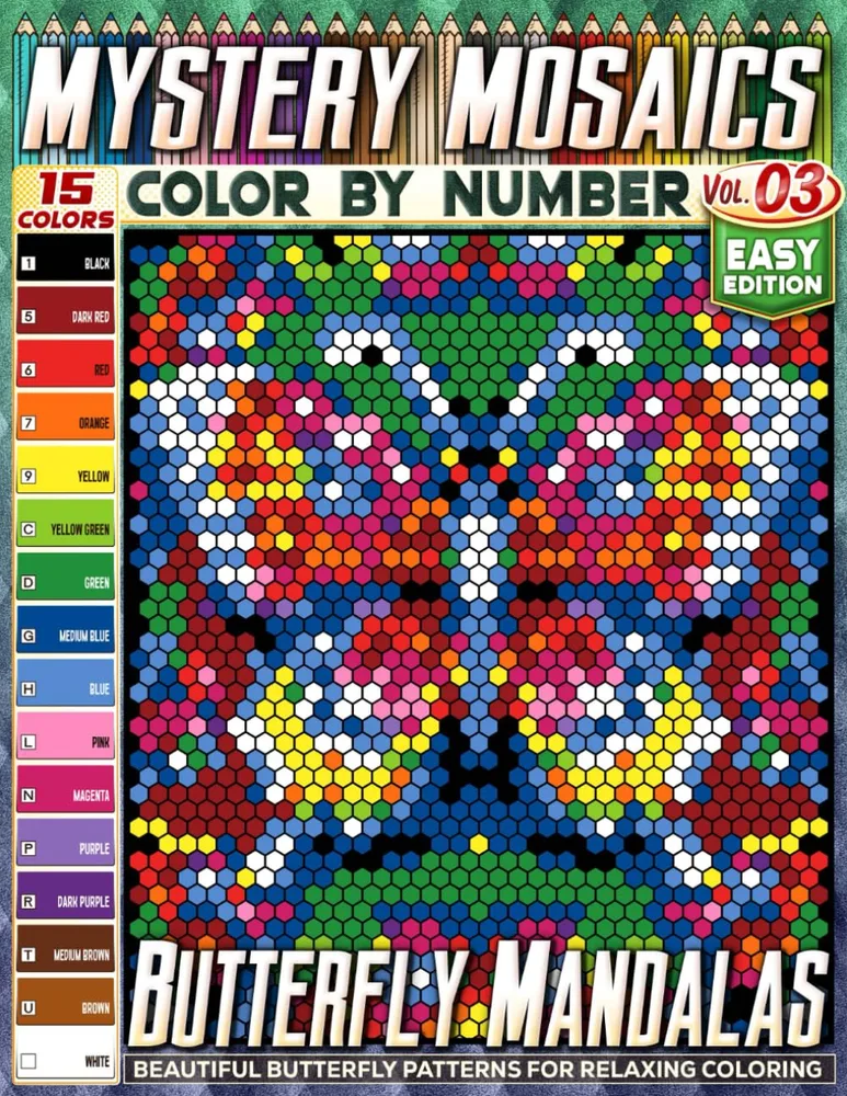 Раскраска по номерам Pipo Pixel — Мандалы с бабочками, лёгкий уровень, Vol. 03, 110 стр.